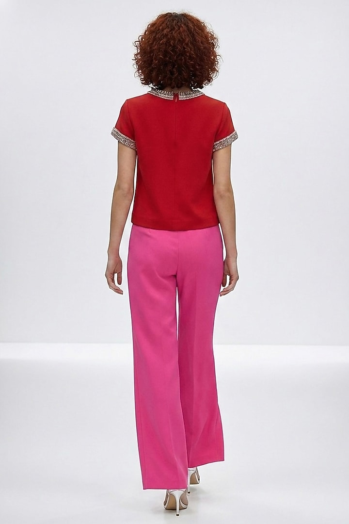 Red Polyester & Spandex Hand Embroidered Top by House of NSJ at Pernia's Pop Up Shop