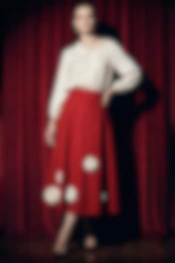 Red Polyester & Spandex Floral Hand Applique Midi Skirt by House of NSJ at Pernia's Pop Up Shop