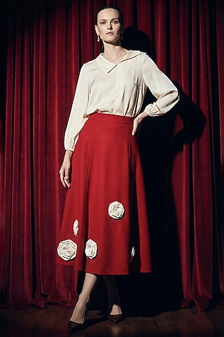 Red Polyester & Spandex Floral Hand Applique Midi Skirt by House of NSJ