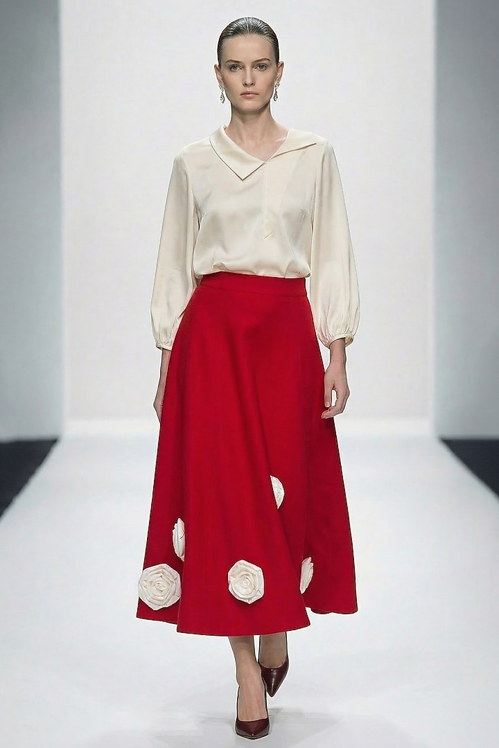 Red Polyester & Spandex Floral Hand Applique Midi Skirt by House of NSJ at Pernia's Pop Up Shop
