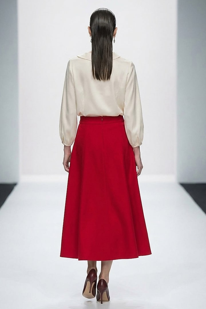 Red Polyester & Spandex Floral Hand Applique Midi Skirt by House of NSJ at Pernia's Pop Up Shop