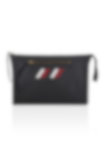 Black Two Tone Logo Embroidered Leather Clutch by Lavender