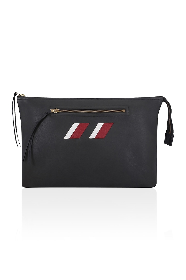 Black Two Tone Logo Embroidered Leather Clutch by Lavender