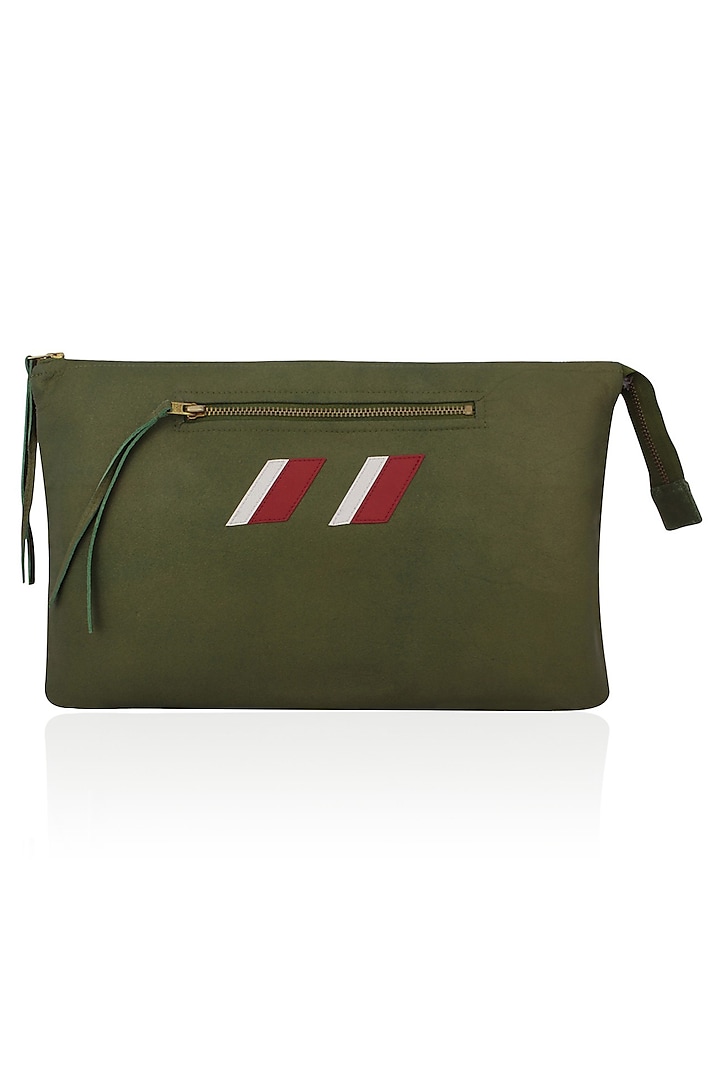 Moss Green Logo Embroidered Leather Clutch by Lavender