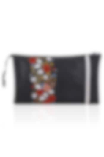 Black Floral and Logo Embroidered Leather Clutch by Lavender