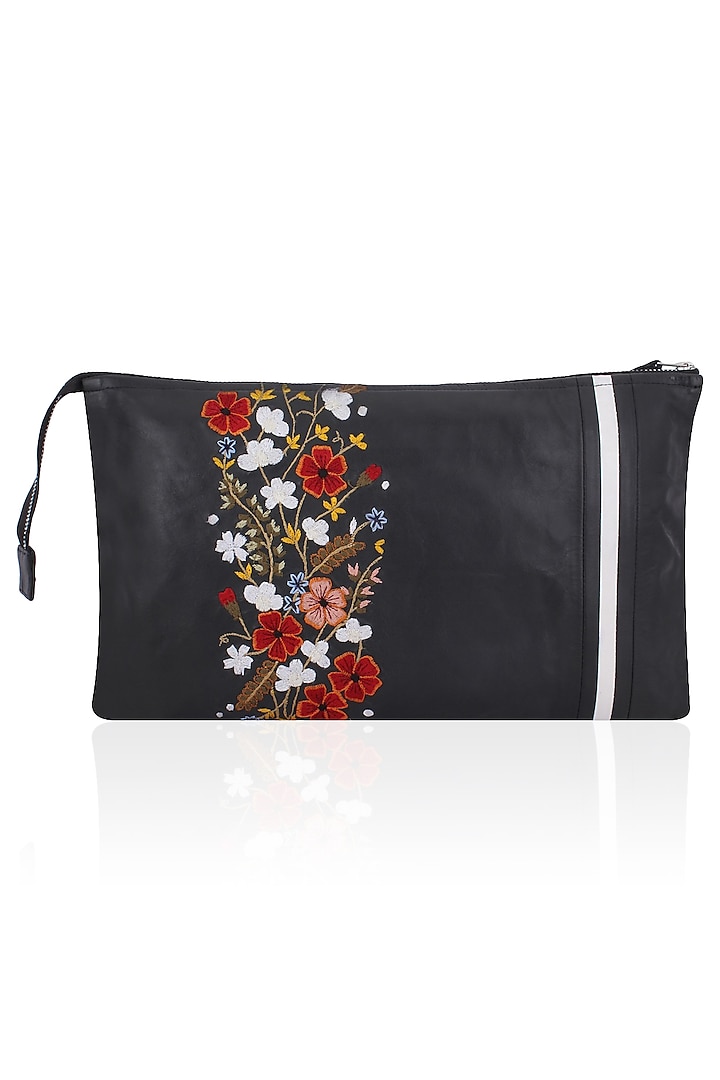 Black Floral and Logo Embroidered Leather Clutch by Lavender