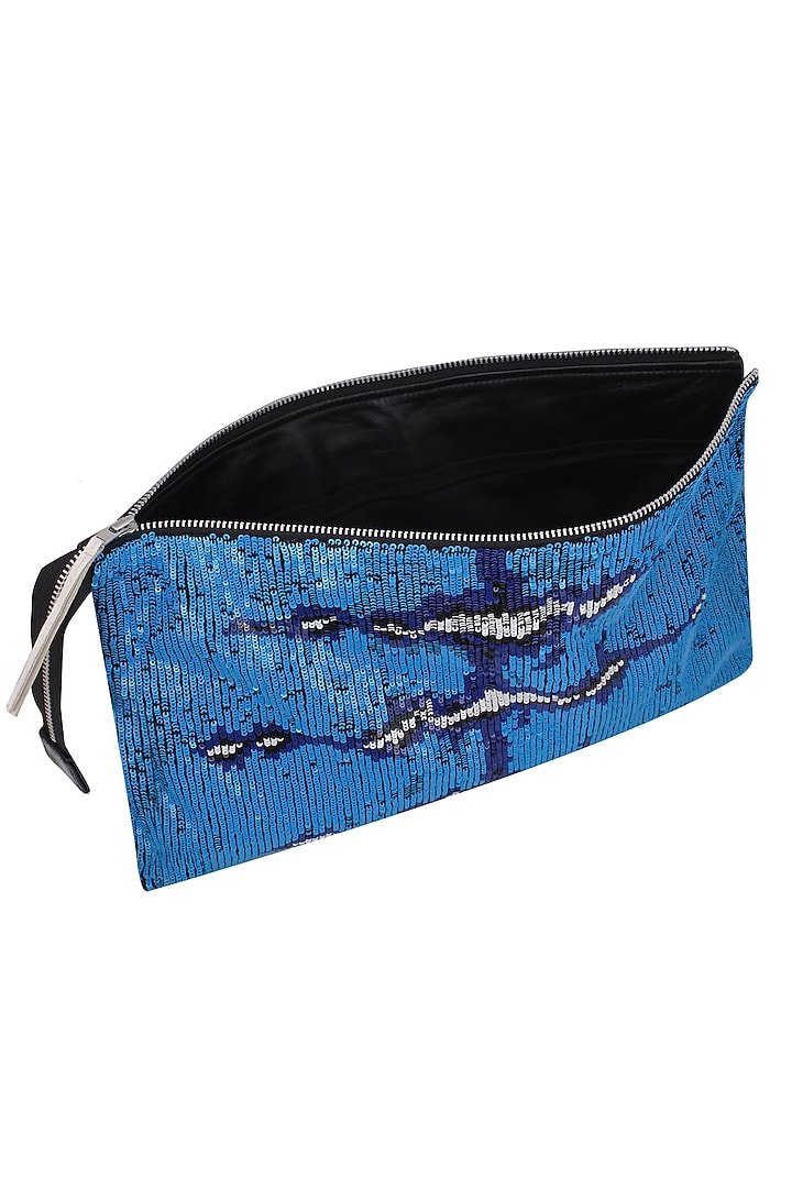 Huemn presents Blue and white sequinned leather clutch available only at Pernia's Pop Up Shop.