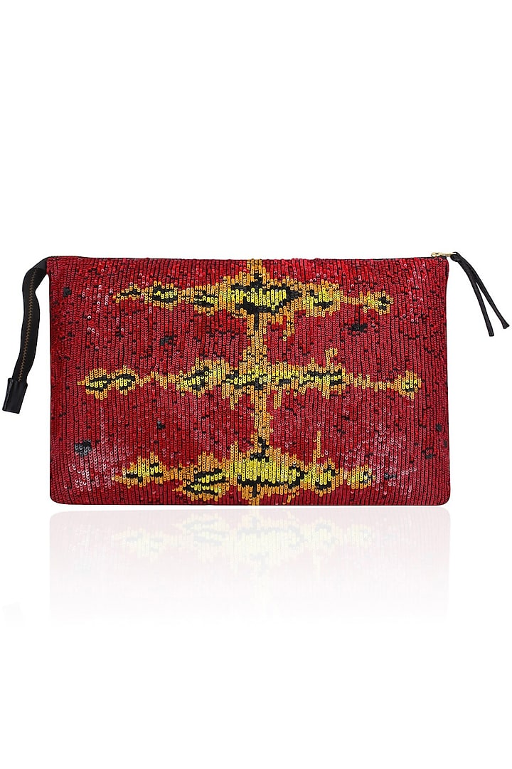 Red and Yellow Sequinned Leather Clutch by Lavender