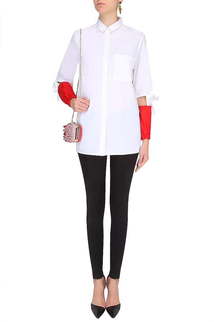 White womens shirt with contrast red forearms available only at Pernia's Pop Up Shop.