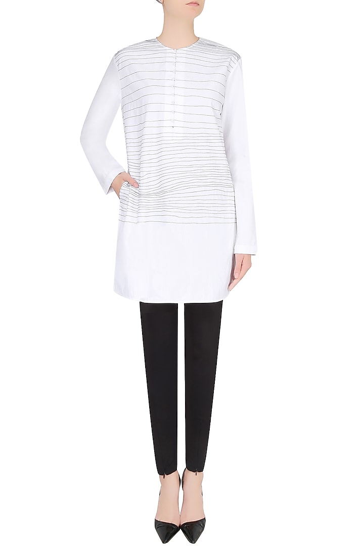 White handdrawn stripes tunic/ kurta available only at Pernia's Pop Up Shop.