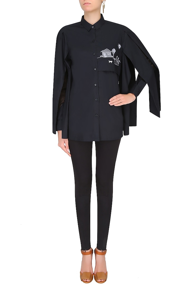 Black free panelled hut drawing shirt available only at Pernia's Pop Up Shop.