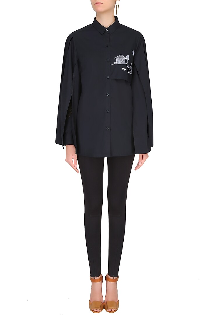 Black free panelled hut drawing shirt available only at Pernia's Pop Up Shop.