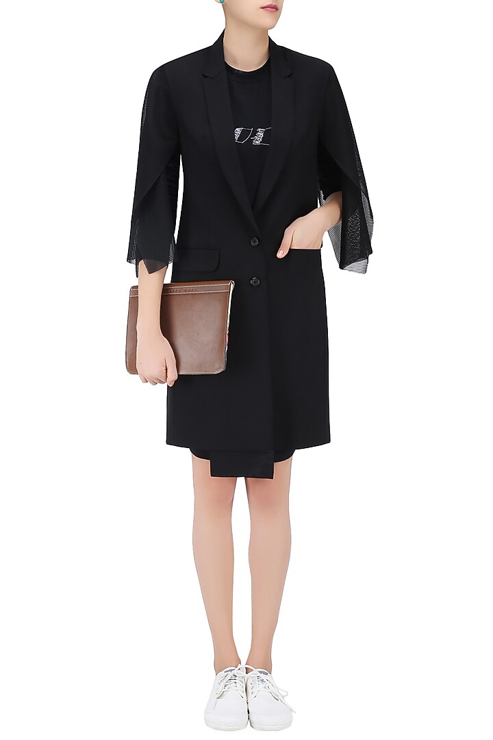 Black overcoat with net sleeves shirt available only at Pernia's Pop Up Shop.