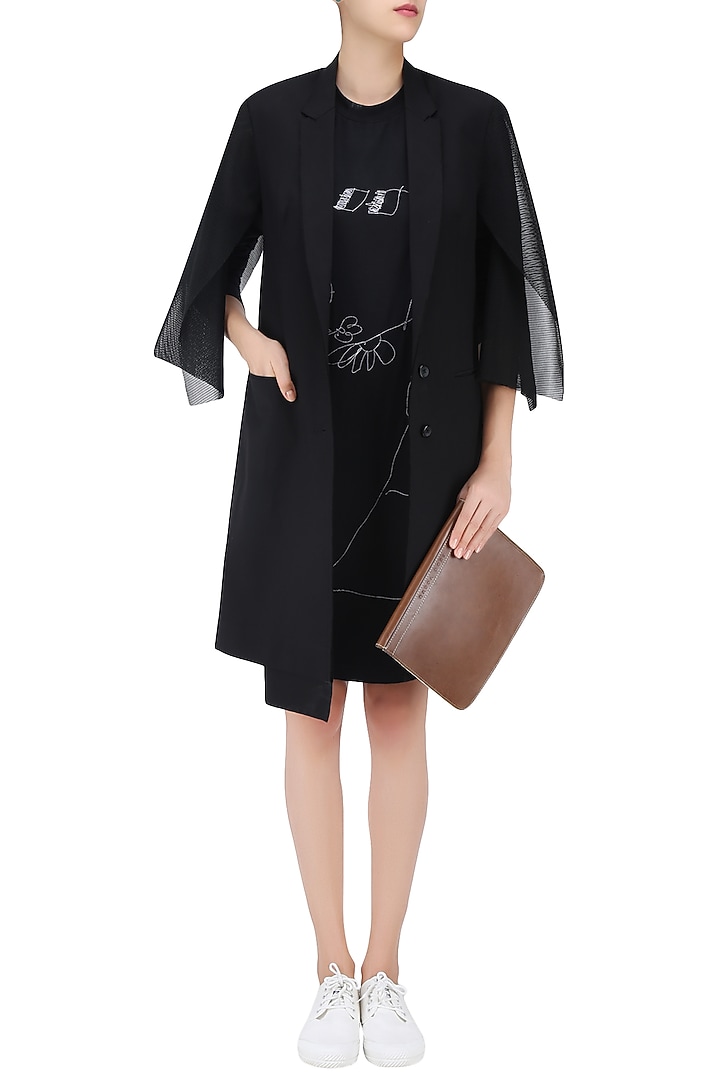 Black overcoat with net sleeves shirt available only at Pernia's Pop Up Shop.