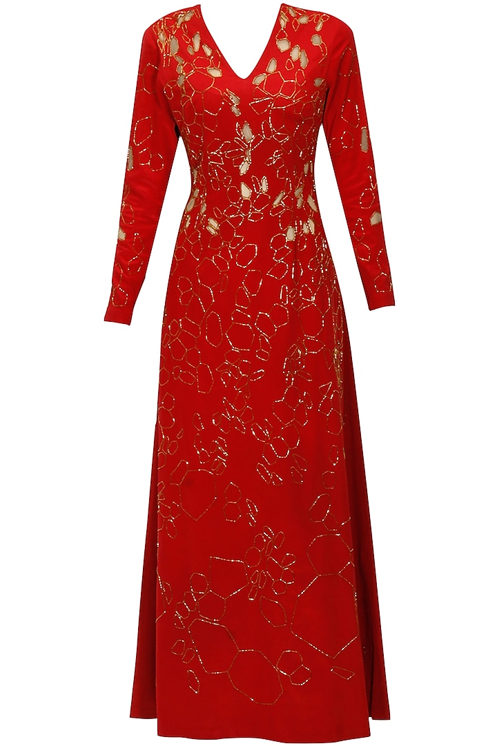 Red silk cutaway motifs kardana scales dress by Lavender