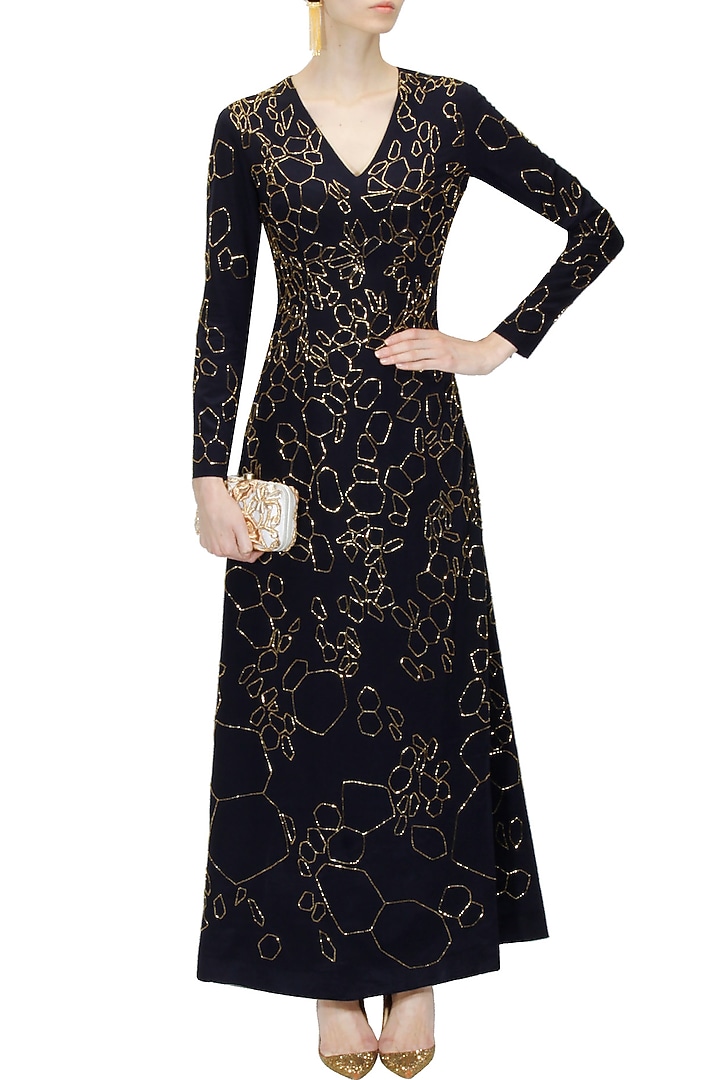 Navy blue silk embellished kardana scales dressavailable only at Pernia's Pop Up Shop.