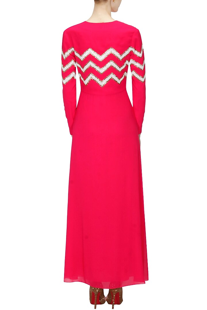 Hot pink silk embellished chevron stripes dress available only at Pernia's Pop Up Shop.
