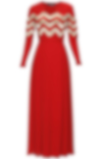 Red silk embellished chevron stripes dress by Lavender
