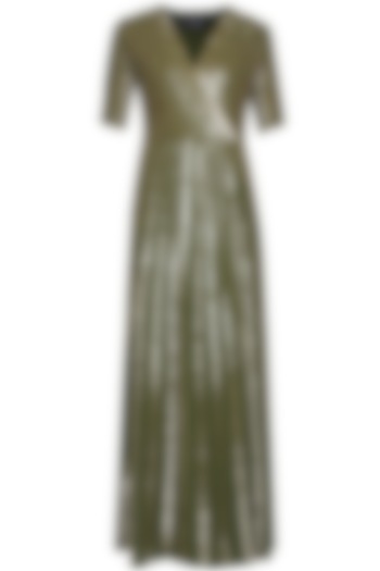 Moss green and gold sequin striped full length dress by Lavender
