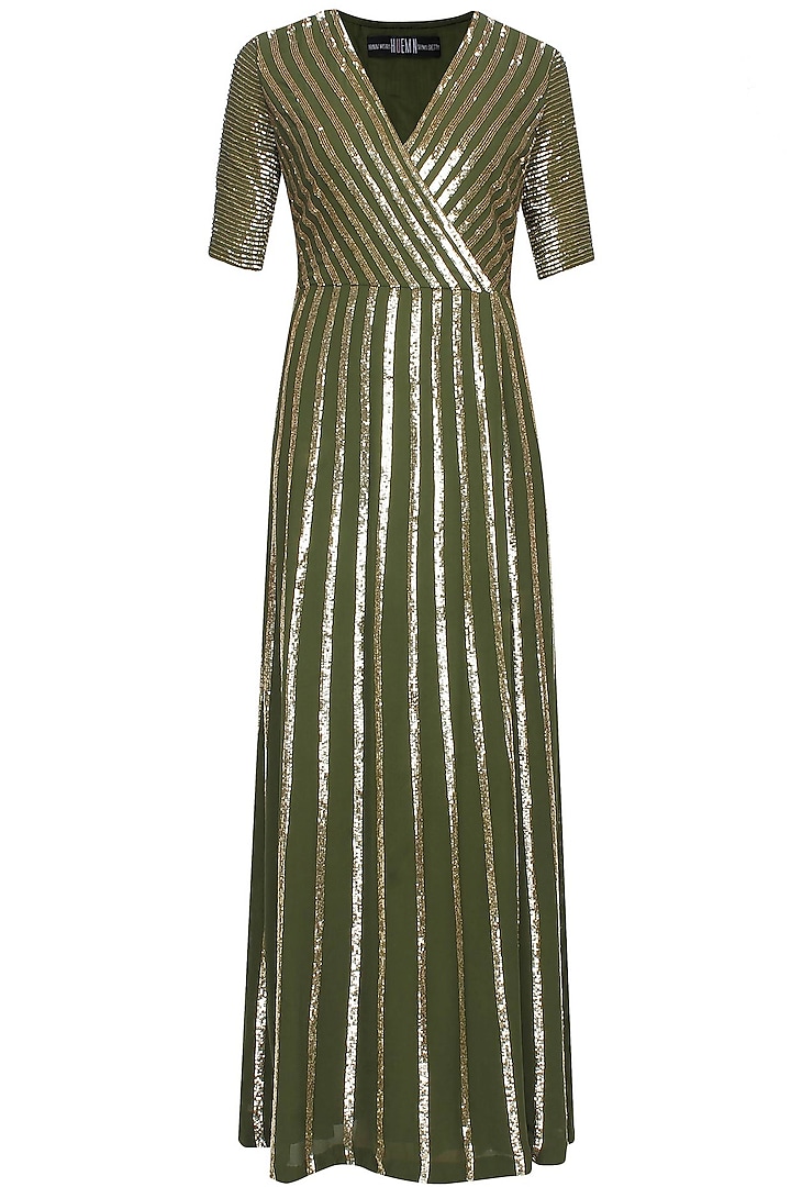 Moss green and gold sequin striped full length dress by Lavender