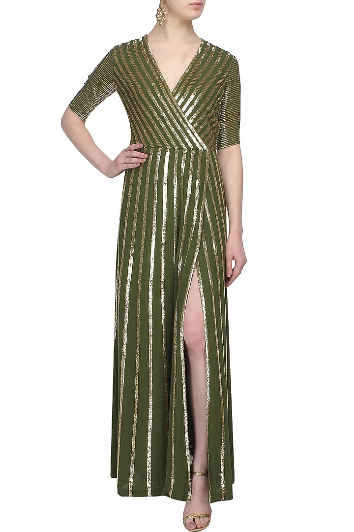 Huemn presents Moss green and gold sequin striped full length dress available only at Pernia's Pop Up Shop.