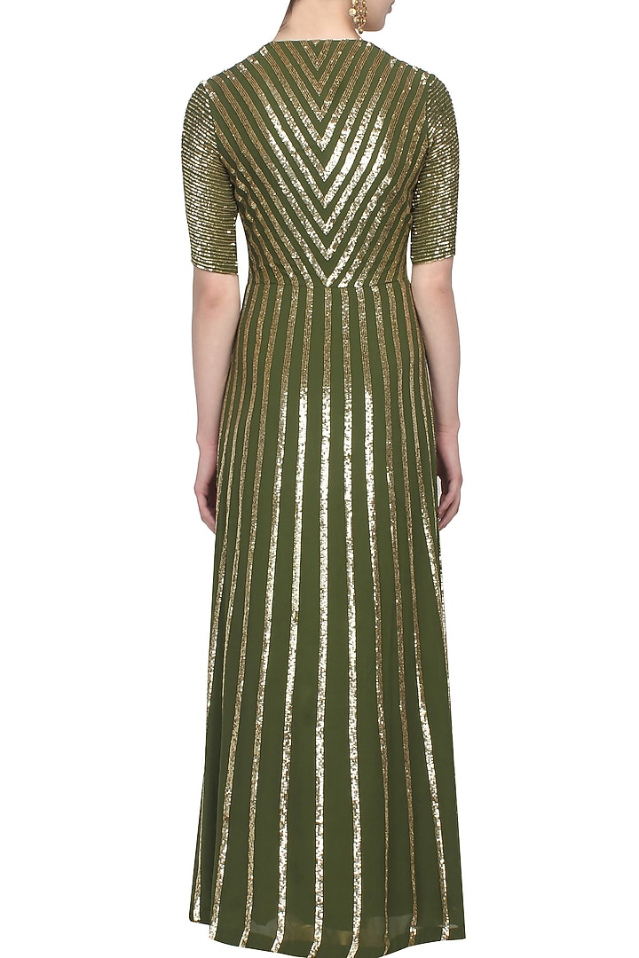 Huemn presents Moss green and gold sequin striped full length dress available only at Pernia's Pop Up Shop.