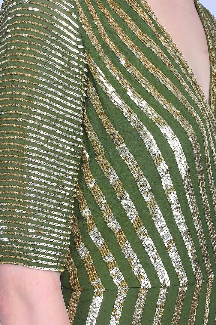 Huemn presents Moss green and gold sequin striped full length dress available only at Pernia's Pop Up Shop.