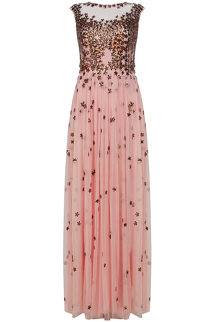 Powder pink 3D copper flowers gown by Lavender