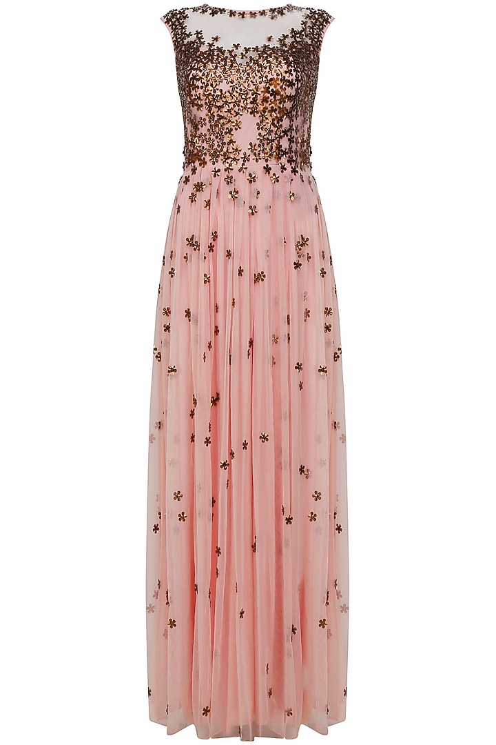 Huemn presents Powder pink 3D copper flowers gown available only at Pernia's Pop Up Shop.