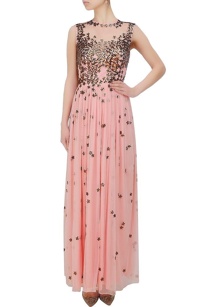 Huemn presents Powder pink 3D copper flowers gown available only at Pernia's Pop Up Shop.