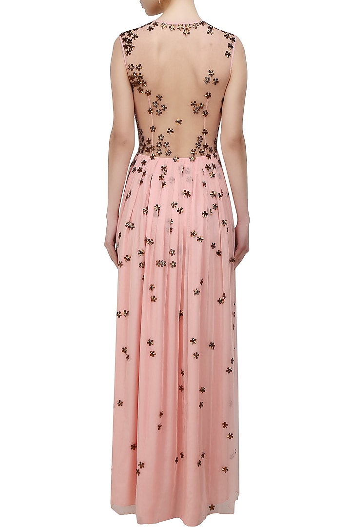 Huemn presents Powder pink 3D copper flowers gown available only at Pernia's Pop Up Shop.