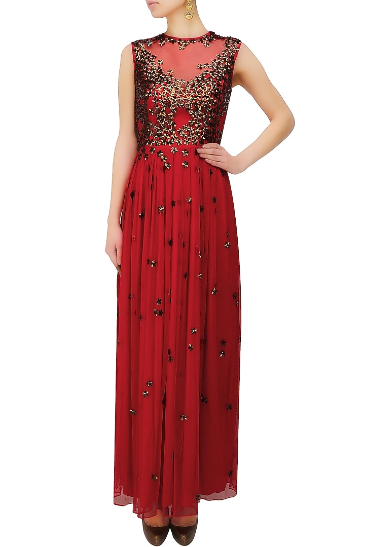 Huemn presents Red 3D copper flowers gown available only at Pernia's Pop Up Shop.