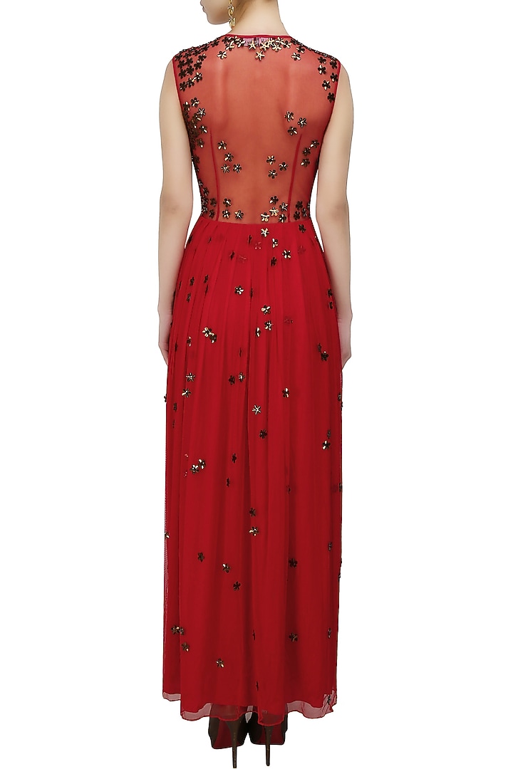 Huemn presents Red 3D copper flowers gown available only at Pernia's Pop Up Shop.