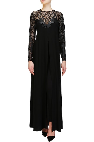 Black cutwork leather scales split front tunic by Lavender