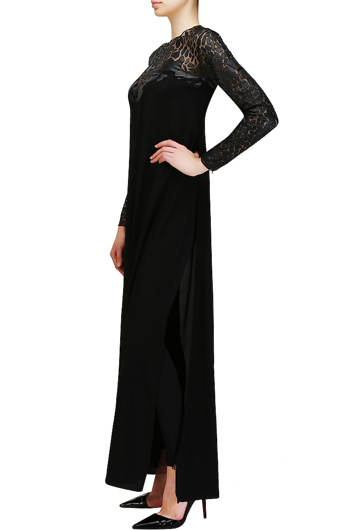 Huemn presents Black cutwork leather scales split front tunic available only at Pernia's Pop Up Shop.