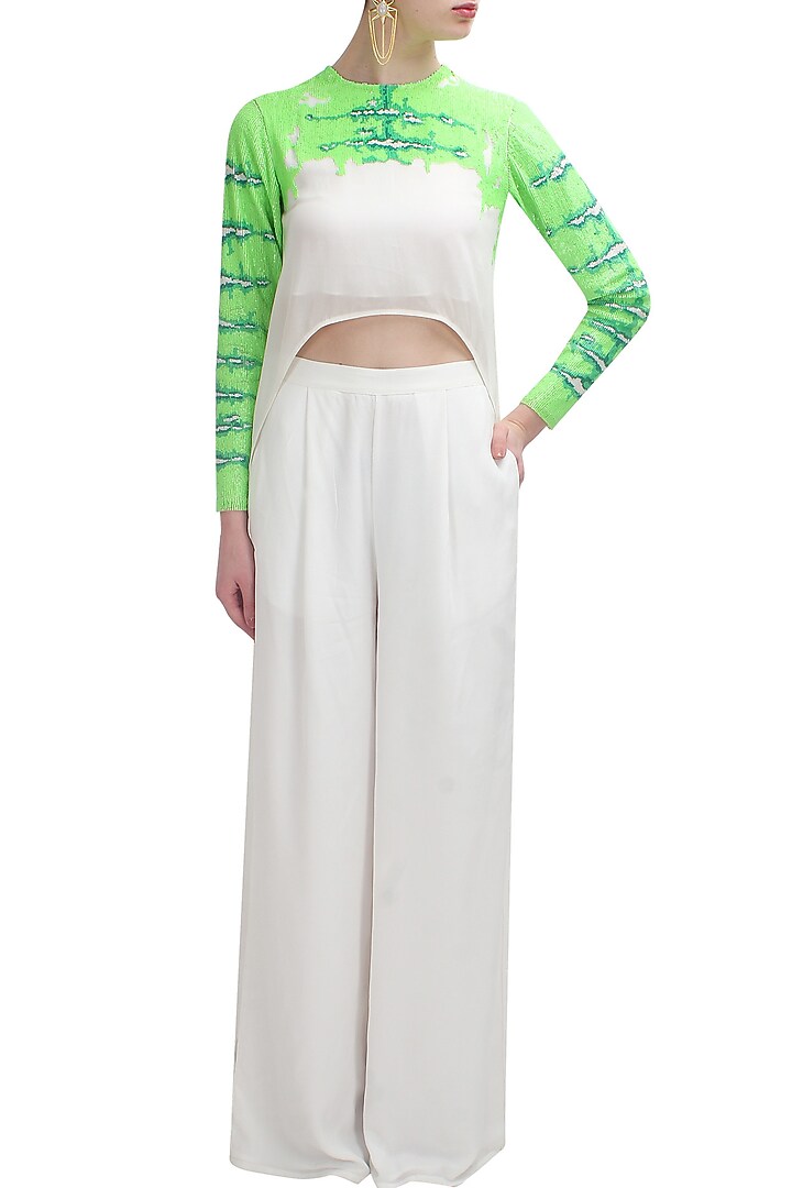 Huemn presents White sequined high low tunic and palazzo pants set available only at Pernia's Pop Up Shop.