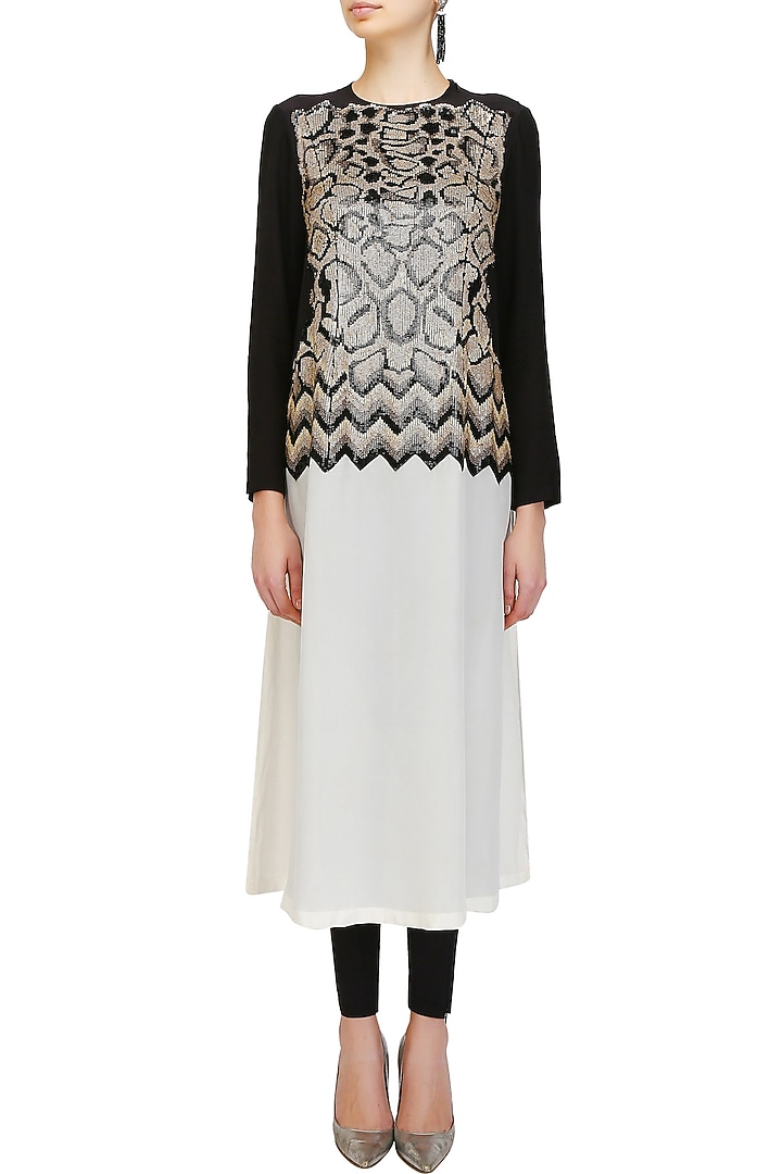 Huemn presents Black and white chevron snakeskin colorblocked tunic available only at Pernia's Pop Up Shop.