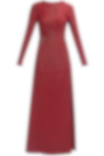 Huemn presents Handmade backless red and gold silk gown available only at Pernia's Pop Up Shop.