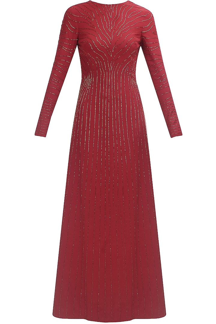 Huemn presents Handmade backless red and gold silk gown available only at Pernia's Pop Up Shop.