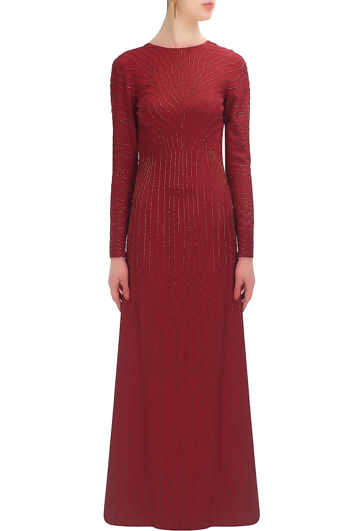 Huemn presents Handmade backless red and gold silk gown available only at Pernia's Pop Up Shop.