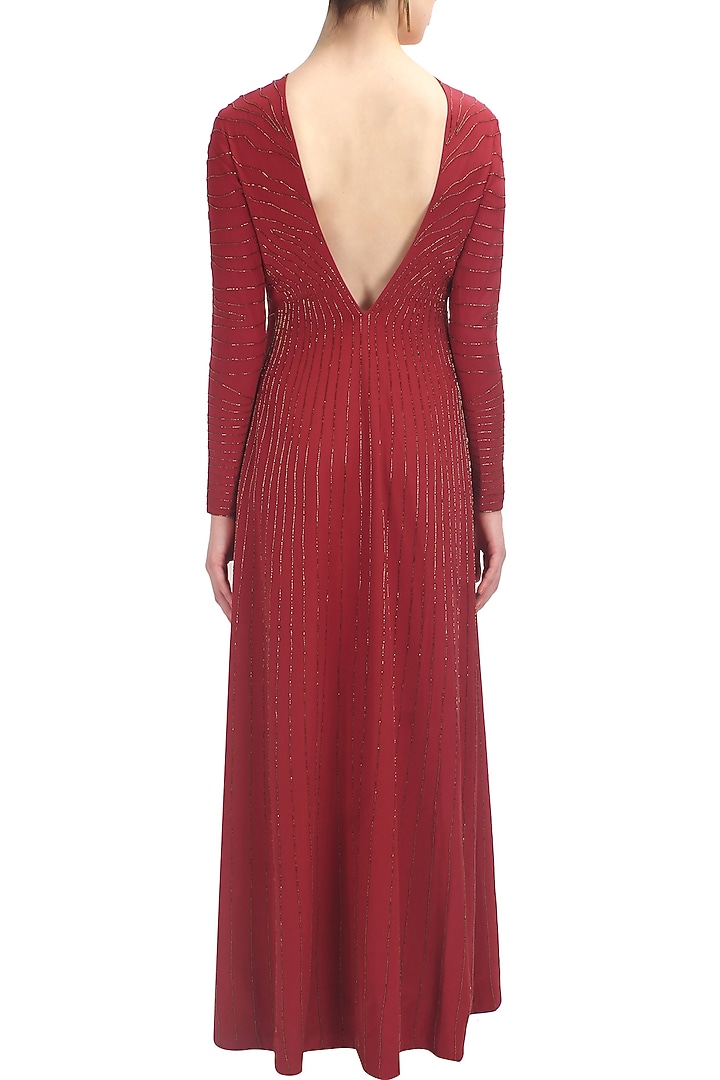 Huemn presents Handmade backless red and gold silk gown available only at Pernia's Pop Up Shop.