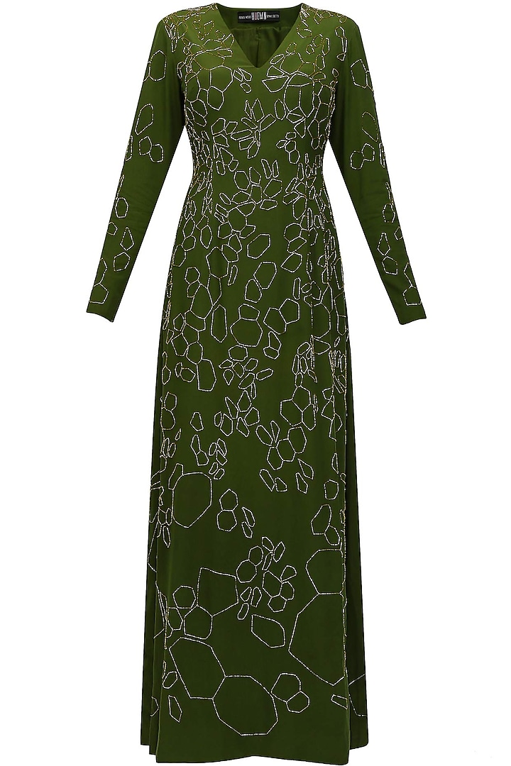 Moss green silk embellished katdana scales dress by Lavender