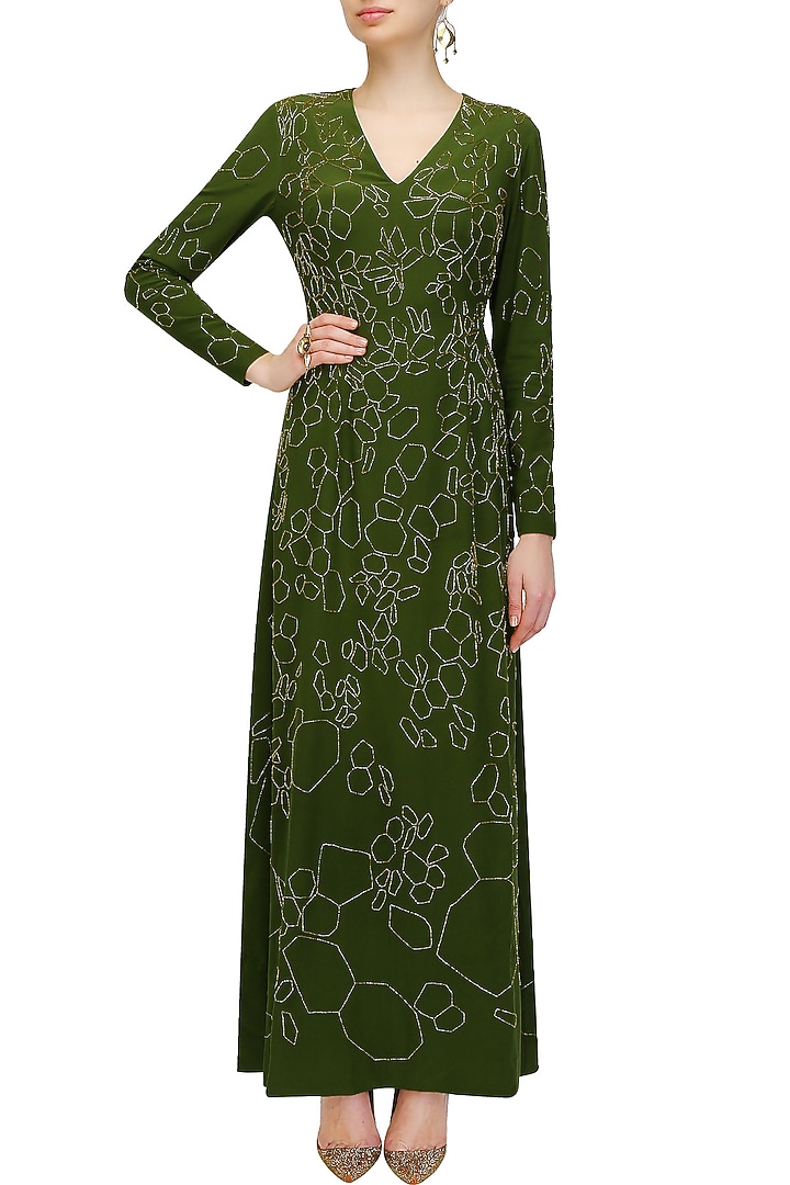 Huemn presents Moss green silk embellished katdana scales dress available only at Pernia's Pop Up Shop.