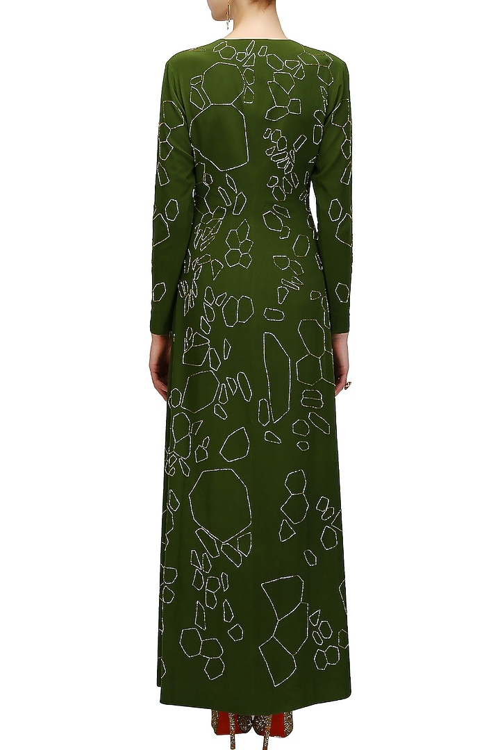 Huemn presents Moss green silk embellished katdana scales dress available only at Pernia's Pop Up Shop.