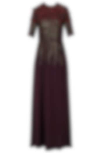 Dark Wine Sequins Embellished 3D Floral Work Long Dress by Lavender