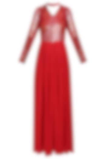 Red and Silver Sequins Embellished Maxi Dress by Lavender