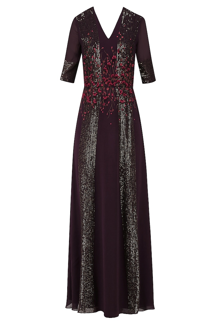 Dark Wine and Red Handcut 3D Floral Work Long Dress by Lavender
