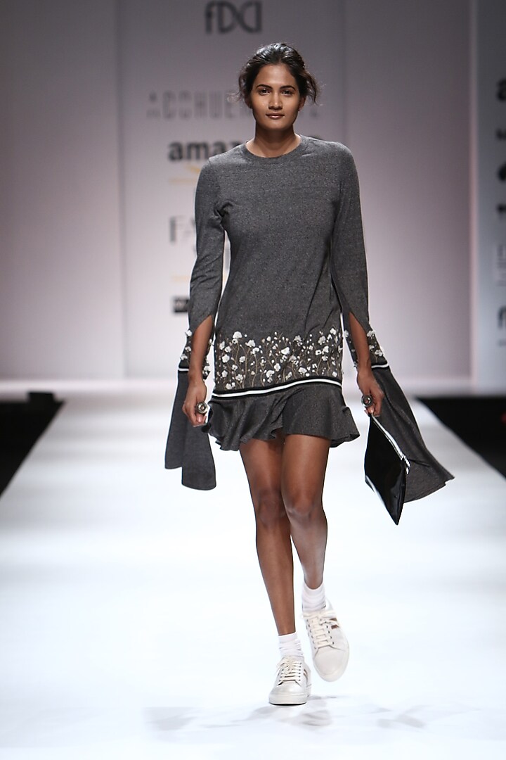 Grey floral embroidered drop waist dress available only at Pernia's Pop Up Shop.