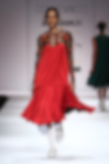 Red Drop Waist Satin Dress by Lavender