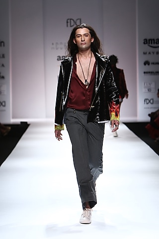 Black Flames Detailing Leather Jacket by Huemn
